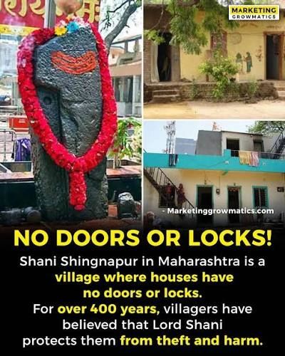 its ancient open-air temple dedicated to Lord Shani  its extraordinary tradition of doorless houses