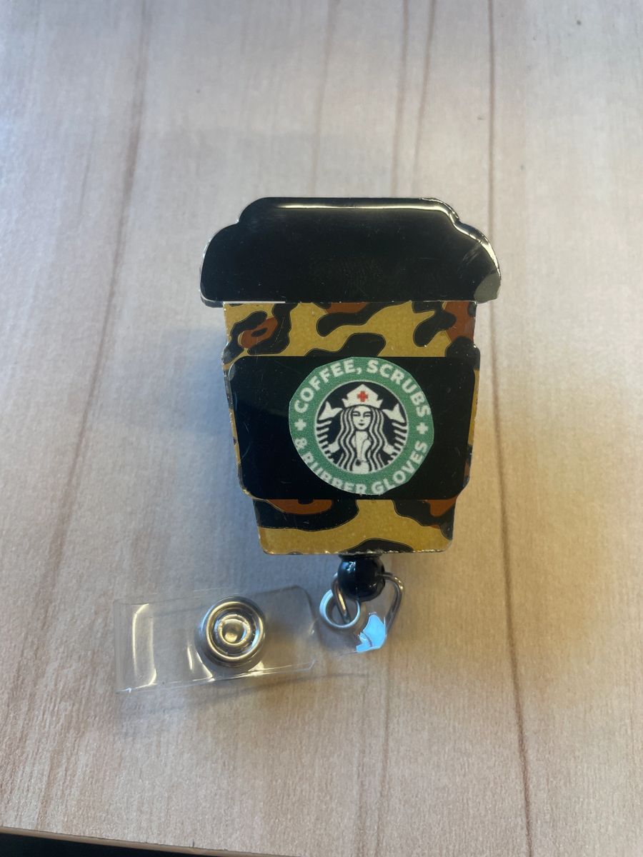 Coffee, scrubs, rubber gloves badge reel