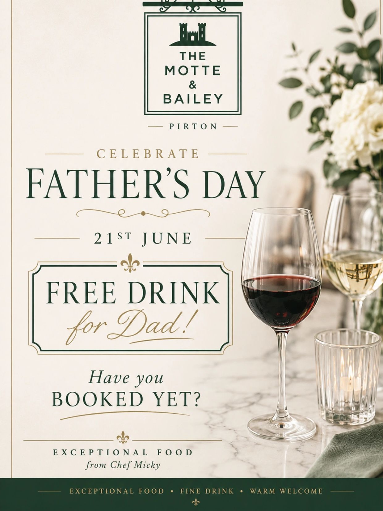 Celebrate Father's Day at The Motte &amp; Bailey with a free drink for Dad on June 21st.