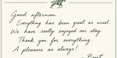Handwritten thank you note expressing gratitude for a pleasant stay.