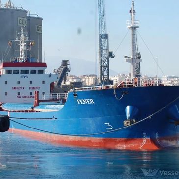 Blue cargo ship named FENER docked at port.