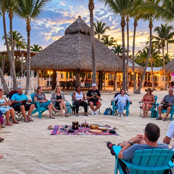 Group gathered in a circle on beach at sunset.