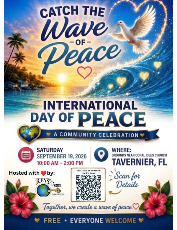 International Day of Peace event with wave and dove imagery.