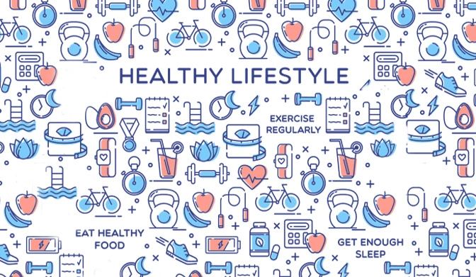 Illustration promoting a healthy lifestyle with icons of exercise, food, and sleep.