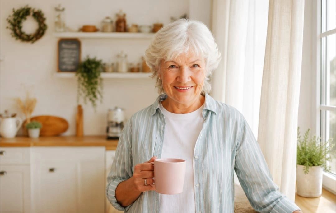 Older woman smiling at home while holding a cup of tea