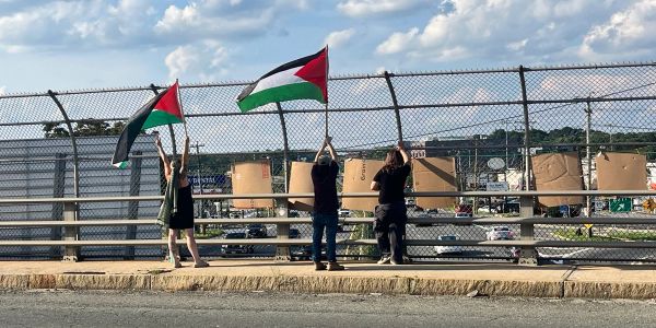 Three people holding Palestinian flags on a bridge.