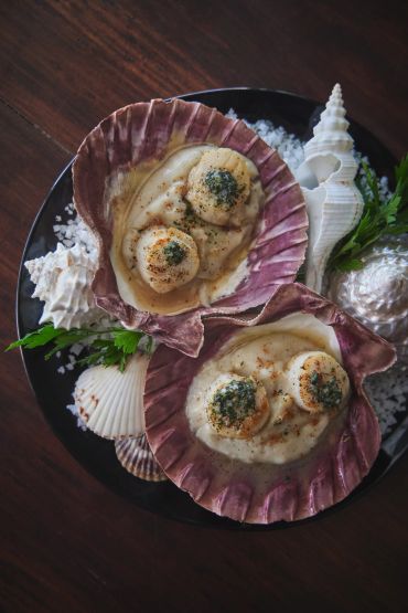 Saint-jacques gratinées présentées dans leurs coquilles avec herbes.