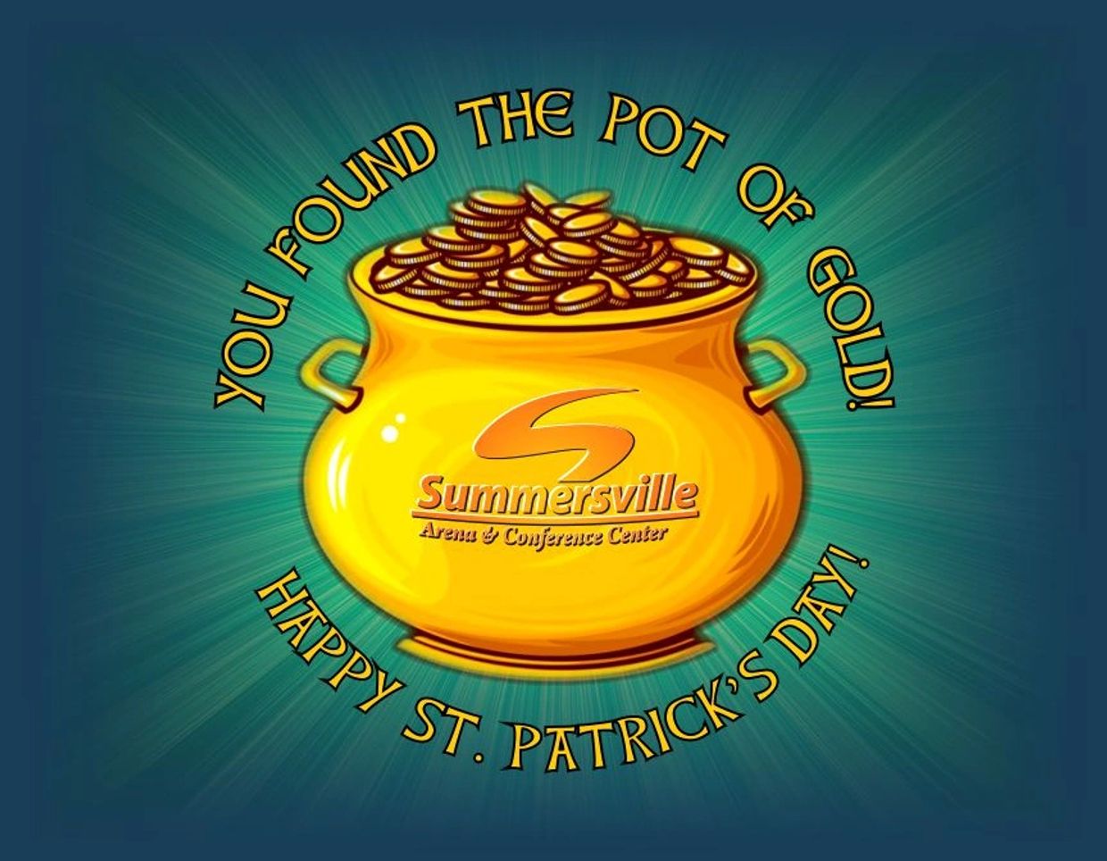 Pot of gold with Summersville Arena logo celebrating St. Patrick's Day.