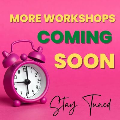 Announcement of upcoming workshops with a pink alarm clock and vibrant text.