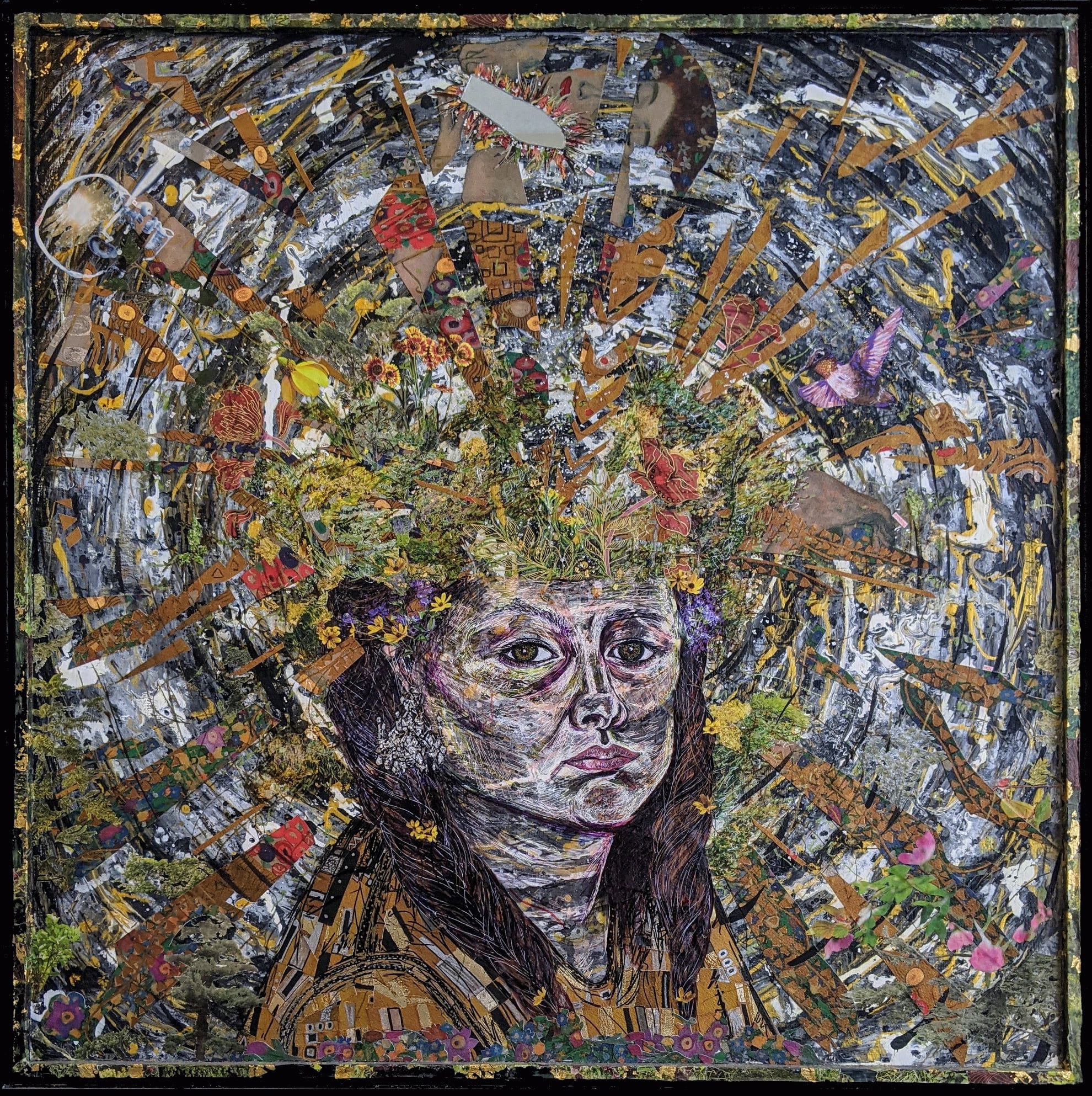 29" x 29" mixed media self portrait collage on board in silver frame
