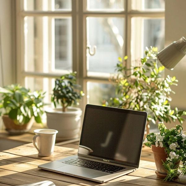 Laptop and coffee on a wooden table by a sunny window with plants.