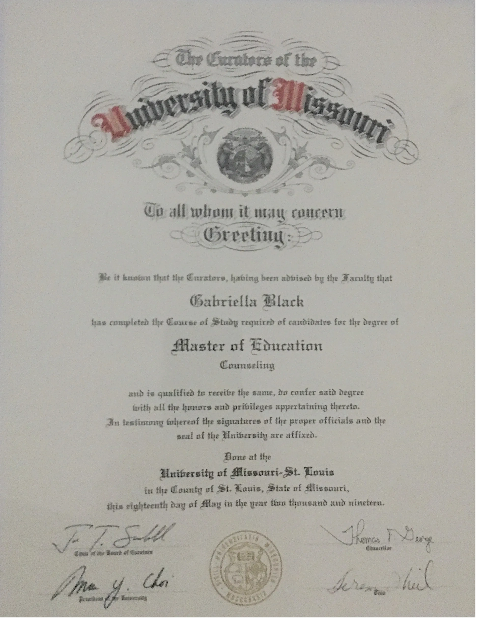 University of Missouri Master of Education diploma for Gabriella Black.