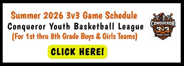 Summer 2026 3v3 basketball schedule for youth grades 1-8.