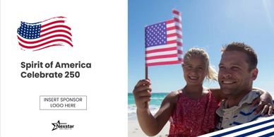 Father and daughter celebrating America with a small flag at the beach.