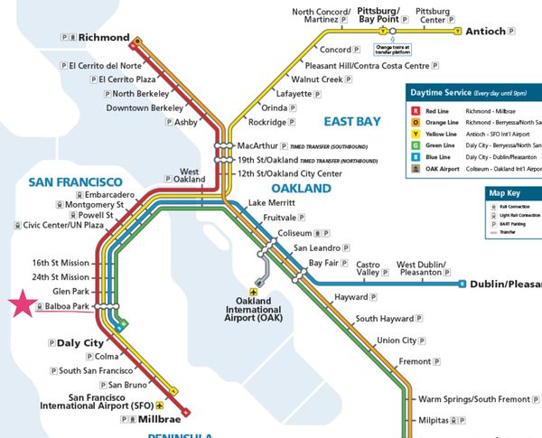BART transit map highlighting Balboa Park station with a red star.