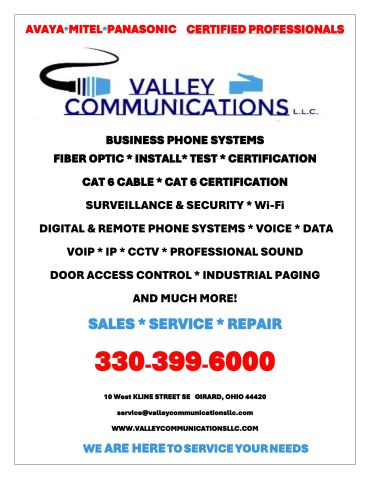 Advertisement for Valley Communications offering phone systems and security services with contact info.