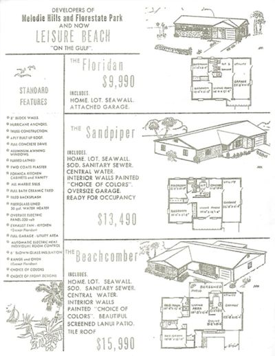 Vintage real estate flyer for three Florida beach houses with prices and features.