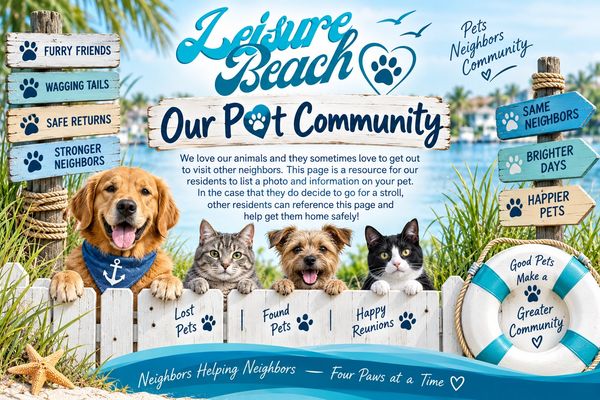 Leisure Beach pet community sign with dogs and cats.