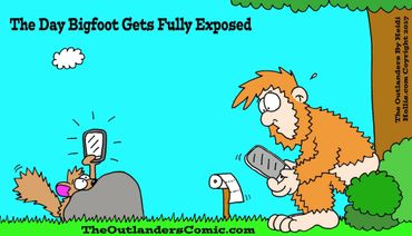 Bigfoot caught using a phone in a humorous comic scene.
