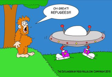 A surprised caveman sees a UFO and yells about refugees.