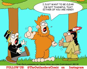 Comic shows a man rejecting two stereotypical Thanksgiving characters.
