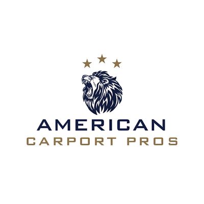 Logo of American Carport Pros with roaring lion and three stars.