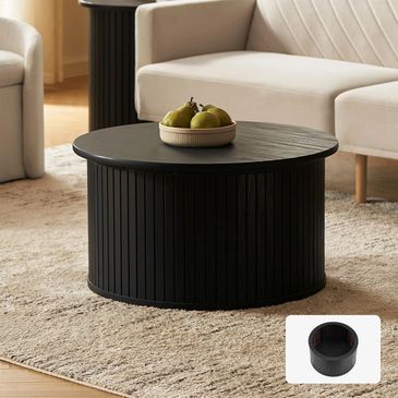 Round Fluted Coffee Table, Tambour Circle Living Room Table, Mid Century Modern Wood Coffee Table wi