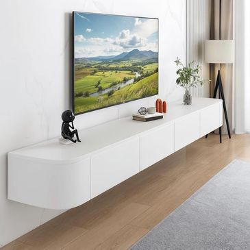 Modern White Floating TV Console with Rounded Edges