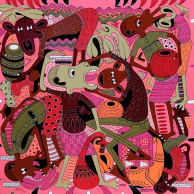 Colorful tribal abstract painting with human and animal figures.