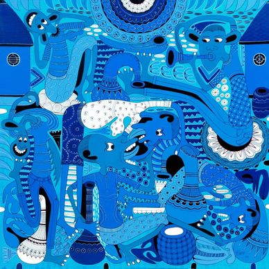Vibrant blue artistic depiction of mythical or tribal figures in traditional attire.