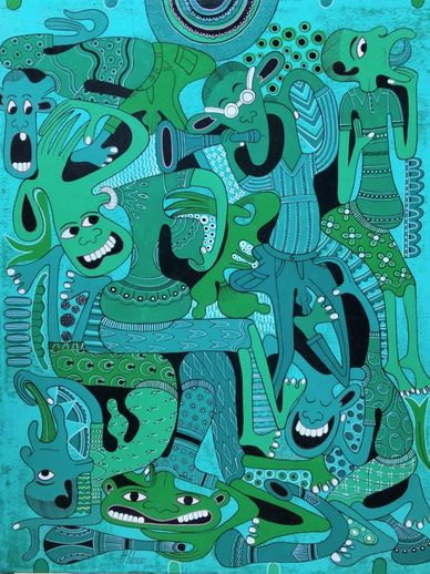 Abstract art with green humanoid figures on a blue background.