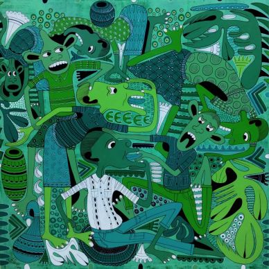 Abstract green-toned figures in dynamic interaction.
