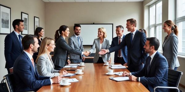 Business professionals shaking hands in a meeting room, smiling and engaged.