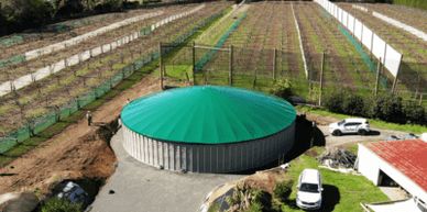 Aerial view of a circular green-roofed water tank near agricultural fields.