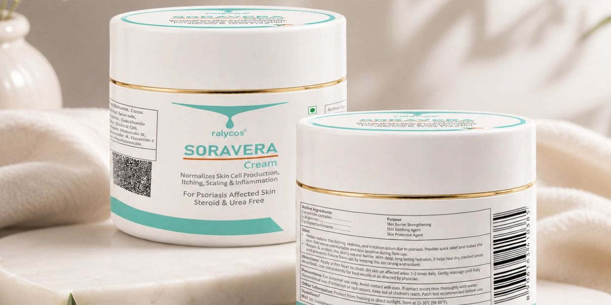 Sorarvera cream jars for psoriasis treatment on a smooth surface.
