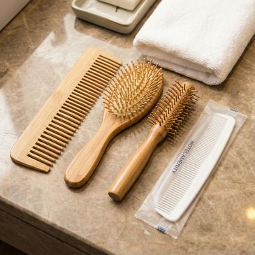 Various combs and brushes neatly arranged on a bathroom counter.