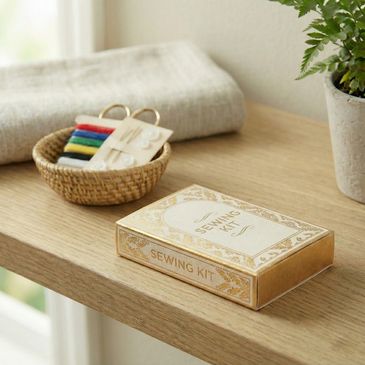 Elegant sewing kit and colorful threads on a wooden table with a plant.
