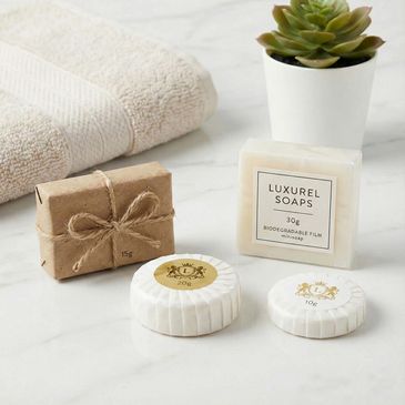 Luxury soaps and a towel arranged neatly with a small potted succulent.