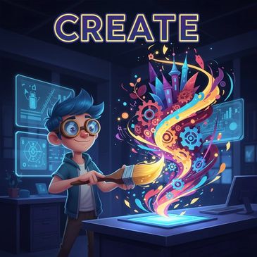 A boy creates colorful digital magic with a brush in a futuristic room.