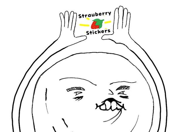Funny sketch of a face holding a strawberry sticker.