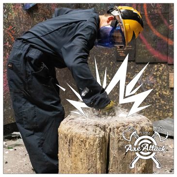 Person wearing safety gear smashing glass on a wooden block at Como Axe Attack. 
RULES: You must be 