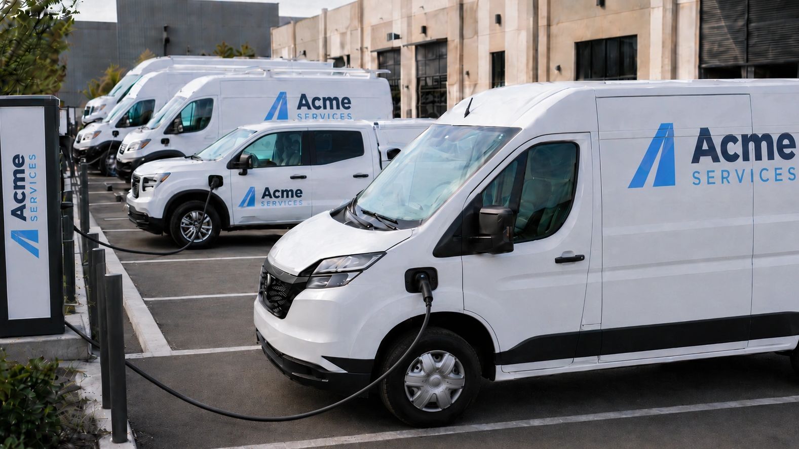 Electric service vans from Acme Services charging in a parking lot.