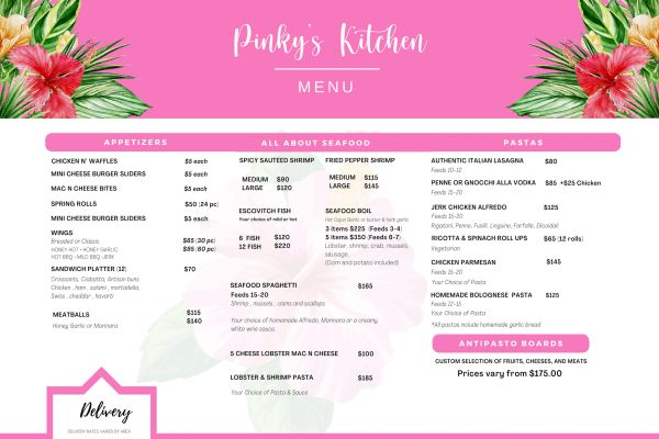 Colorful restaurant menu with tropical floral design and diverse dishes.