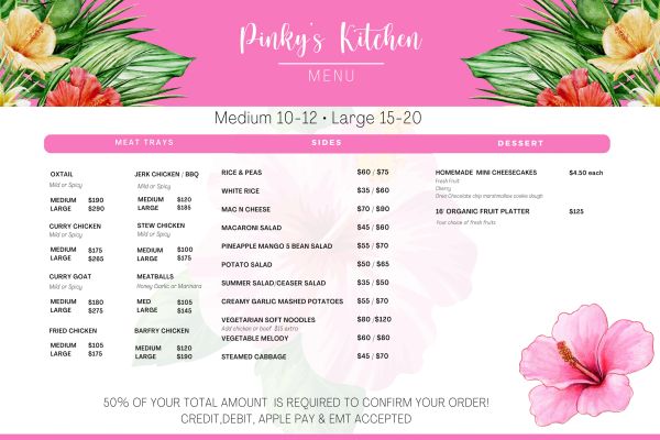 Pinky's Kitchen menu with tropical flower decorations and various meal options.