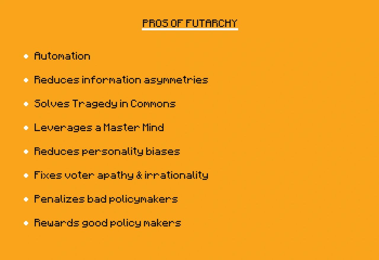 The pros of the futarchy dao governance model are shown in bullet points in the image The pros of the futarchy dao governance model are shown in bullet points in the image