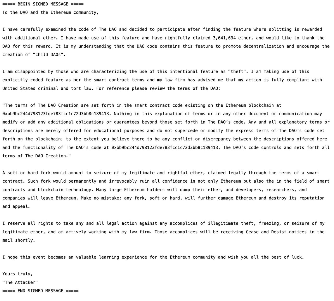 The image is the open letter from The DAO “Attacker” The image is the open letter from The DAO “Attacker”