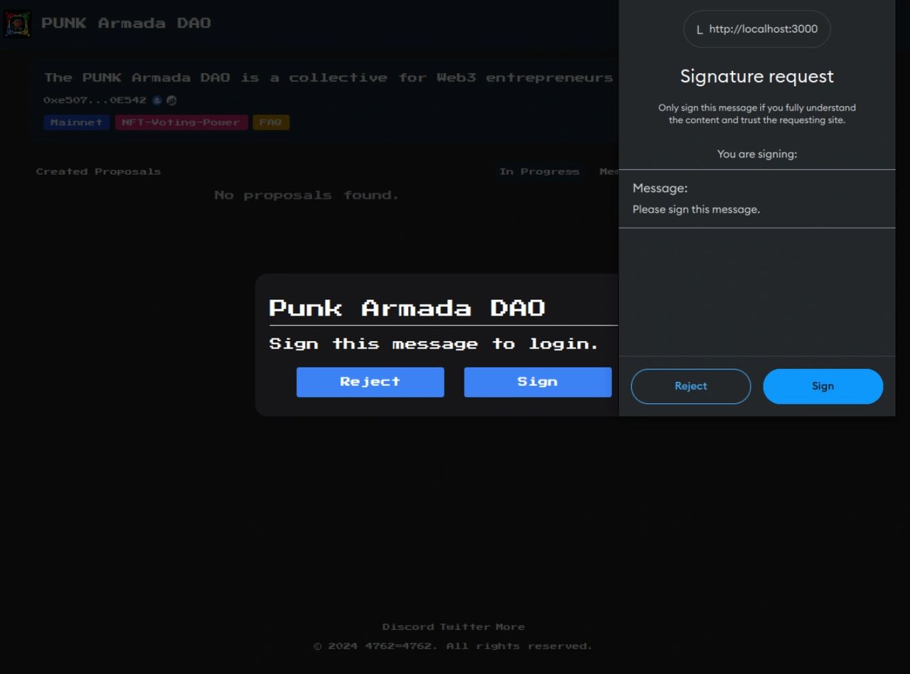 Screenshot of PUNK Armada DAO MetaMask signature request Screenshot of PUNK Armada DAO MetaMask signature request