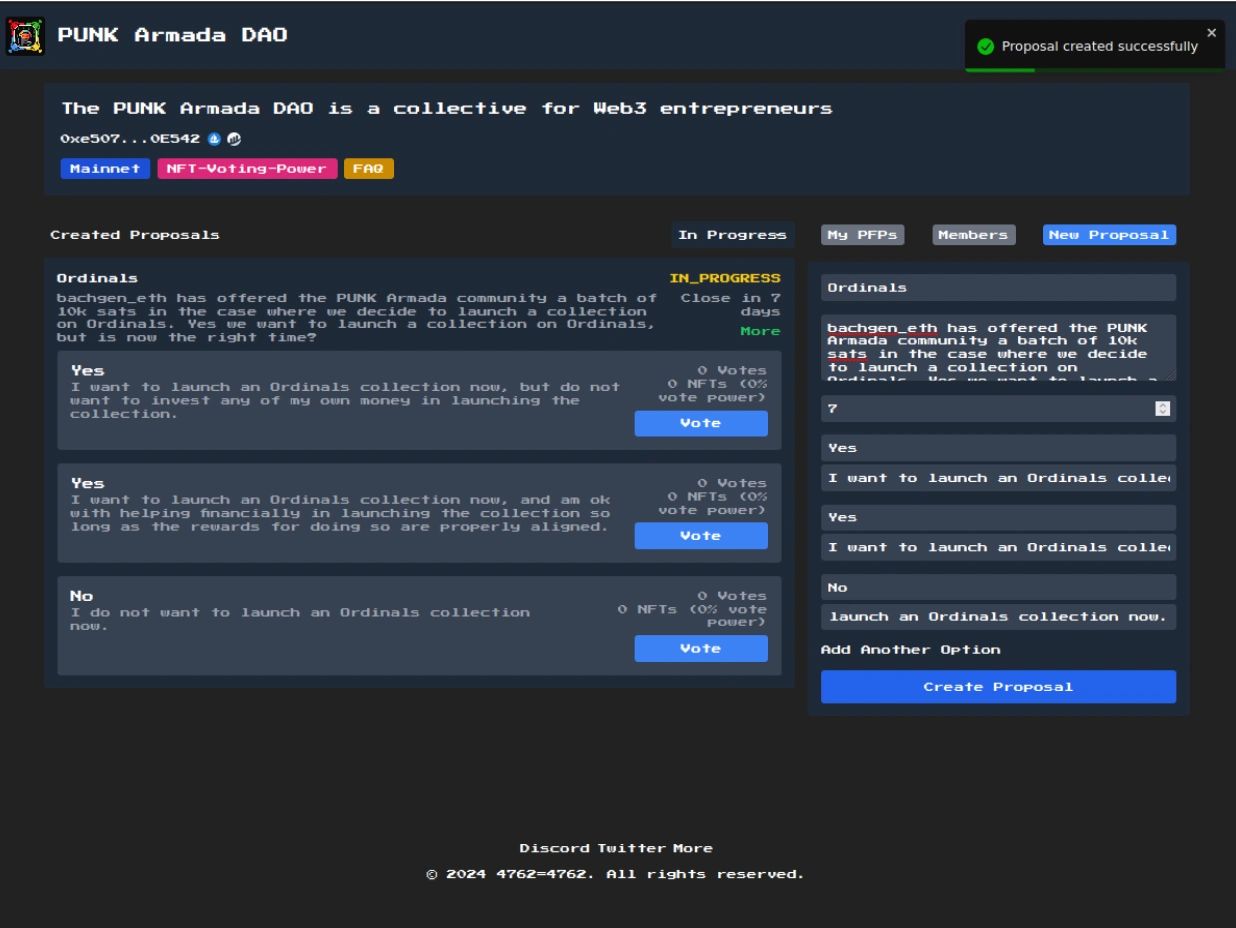 Screenshot indicates PUNK Armada DAO proposal created successfully Screenshot indicates PUNK Armada DAO proposal created successfully