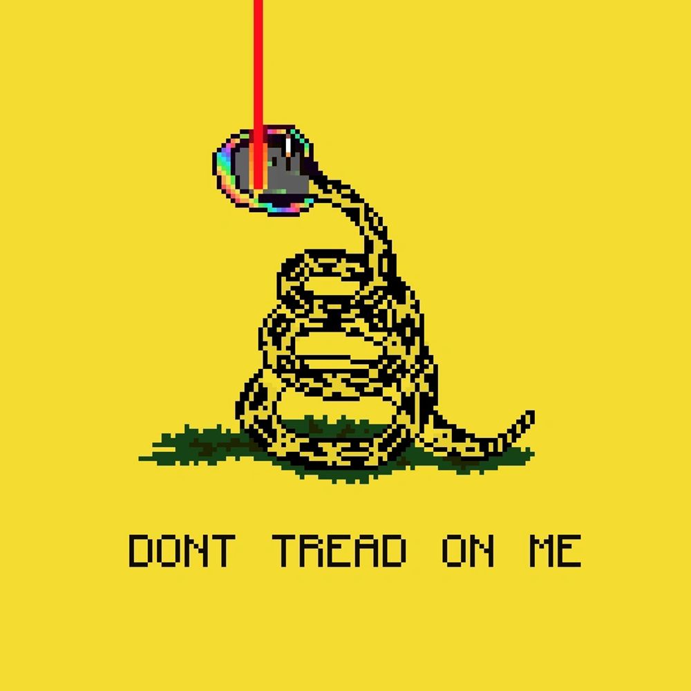 PUNK Armada NFT 33321, copyright, shown blended with the Don't Tread On Me Flag, laser up to sky