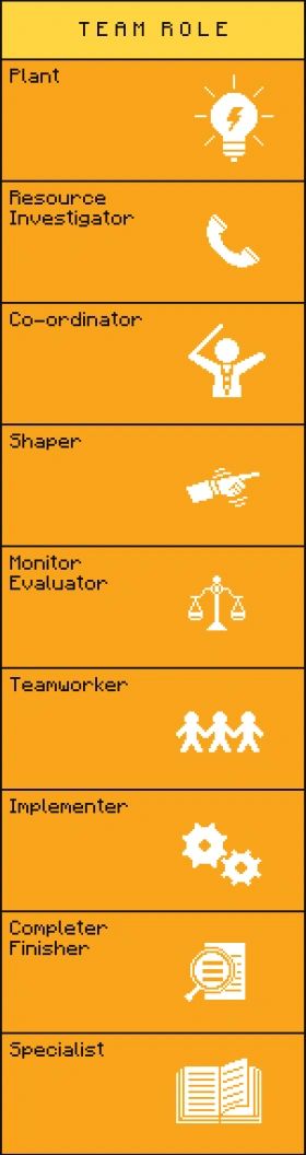 pixel art image of the nine team roles shows the roles are Plant, Resource Investigator, Co-ordinator, Shaper, Monitor Evaluator, Teamworker, Implementer, Completer Finisher, and Specialist pixel art image of the nine team roles shows the roles are Plant, Resource Investigator, Co-ordinator, Shaper, Monitor Evaluator, Teamworker, Implementer, Completer Finisher, and Specialist